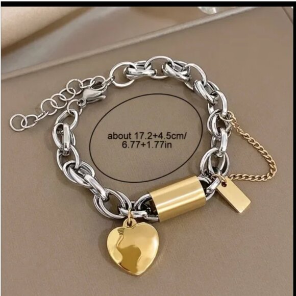 Chunky Thick Chain Silver & Gold Bracelet with Heart & Lock Pendant - Picture 5 of 5